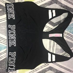 PINK Logo Black and White Striped Sports Bra